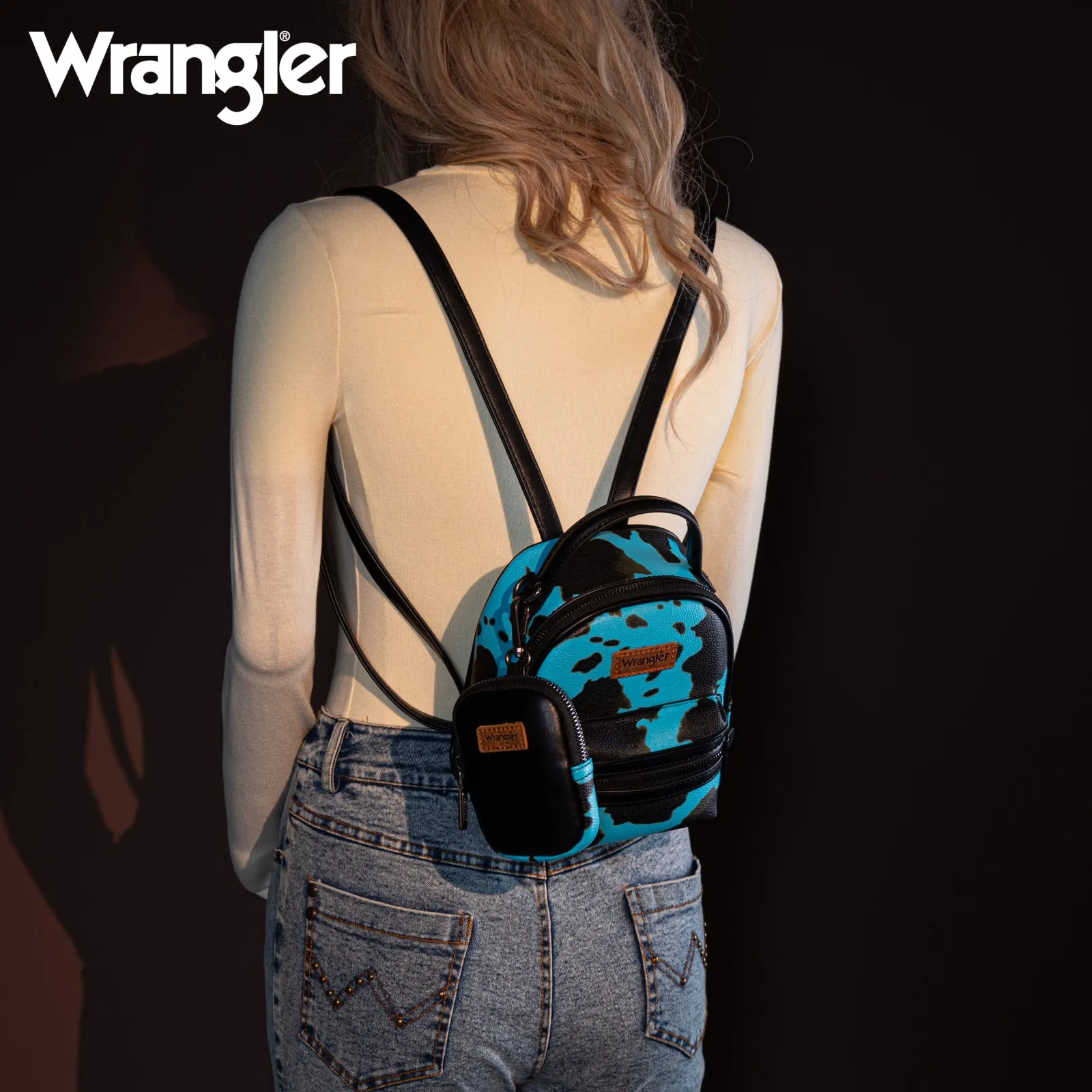 WG102-8600  Wrangler Cow Print  Trimmed Mini Backpack With Coin Pouch - Turquoise