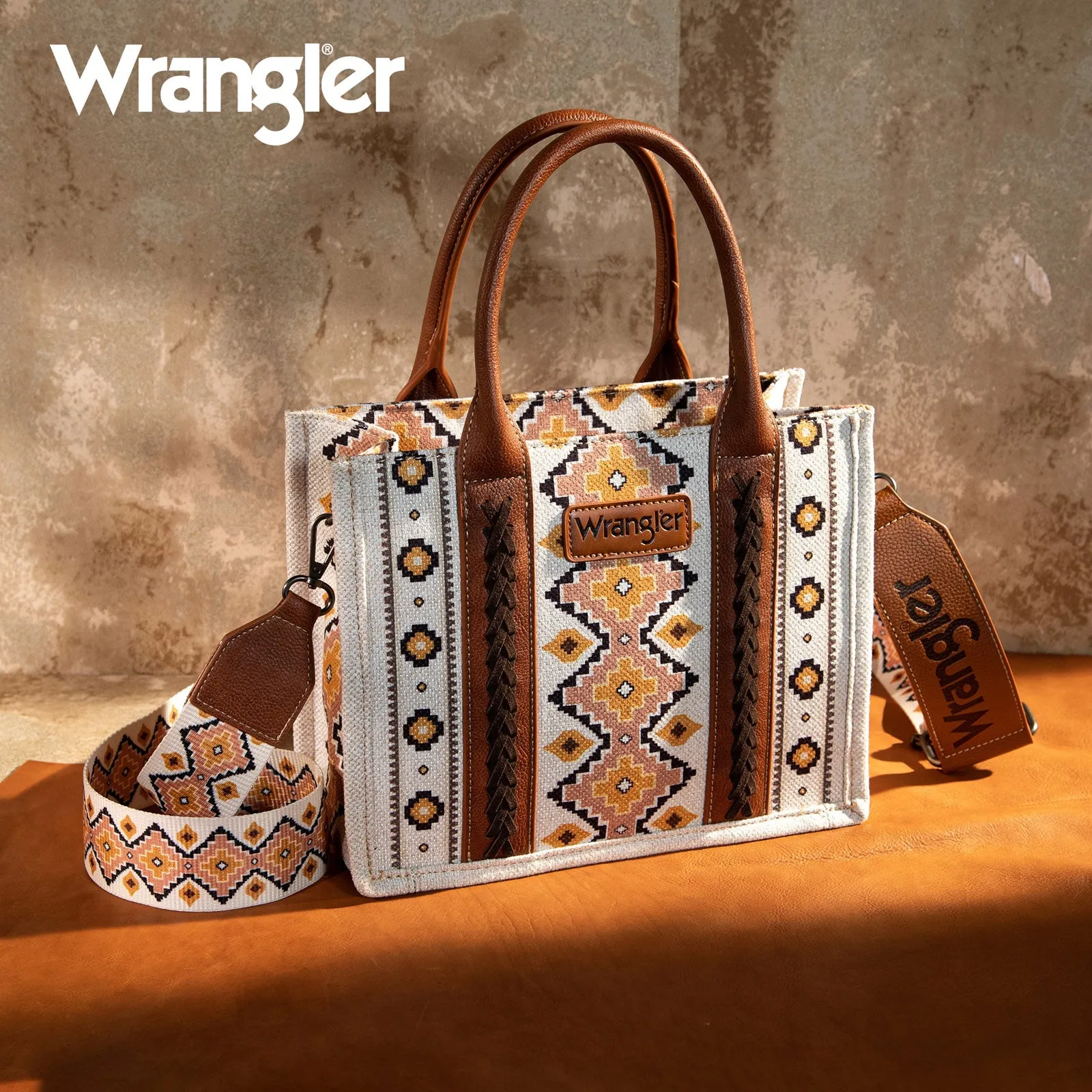 WG2202-8120S  Wrangler Southwestern  Print Small Canvas Tote/Crossbody - Coffee