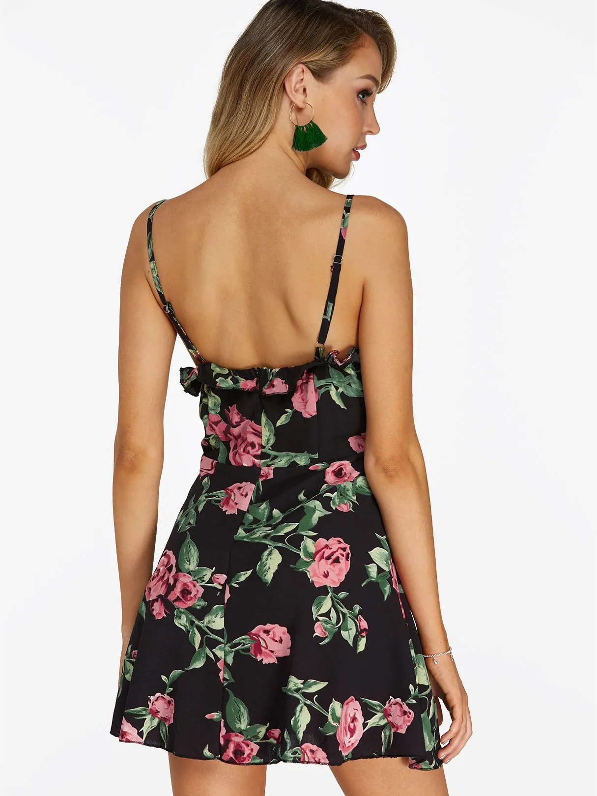 Wholesale Black V-Neck Sleeveless Floral Print Zip Back Backless Mini Dress