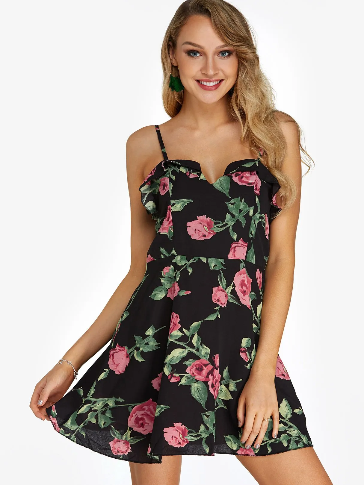 Wholesale Black V-Neck Sleeveless Floral Print Zip Back Backless Mini Dress