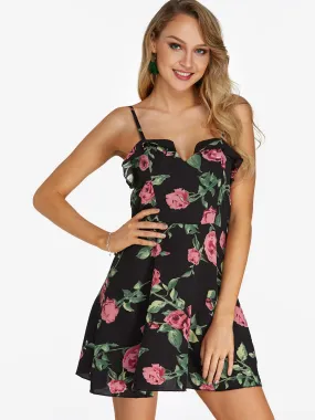 Wholesale Black V-Neck Sleeveless Floral Print Zip Back Backless Mini Dress