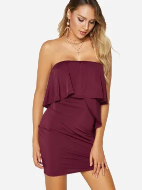 Wholesale Burgundy Off The Shoulder Sleeveless Plain Backless Flounced Hem Mini Dress