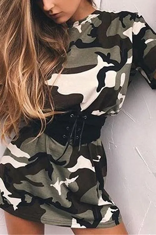 Wholesale Camo Round Neck Short Sleeve Camouflage Mini Dresses