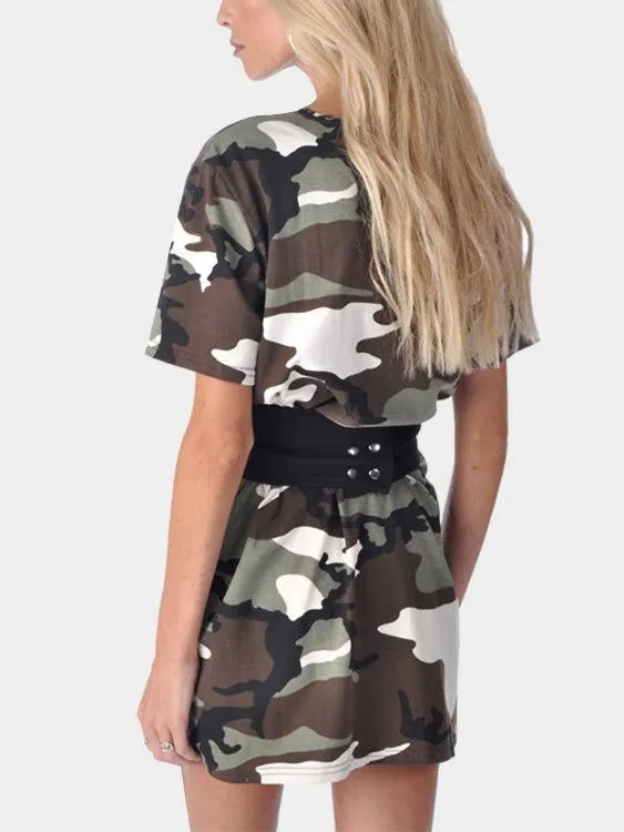 Wholesale Camo Round Neck Short Sleeve Camouflage Mini Dresses