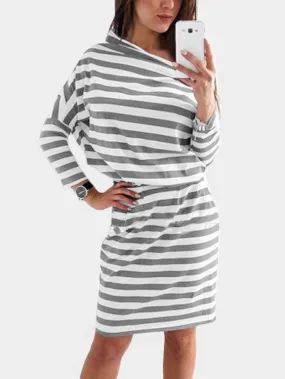 Wholesale Grey Off The Shoulder Long Sleeve Stripe Mini Dress