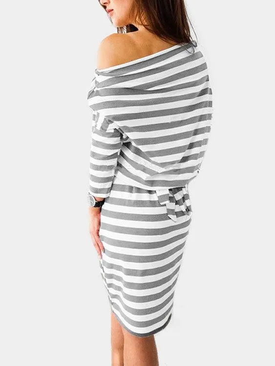 Wholesale Grey Off The Shoulder Long Sleeve Stripe Mini Dress