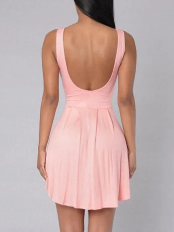 Wholesale Pink Round Neck Sleeveless Backless Flounced Hem Mini Dresses