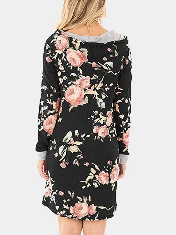 Wholesale Pullover Long Sleeve Floral Print Side Pockets Hooded Mini Dresses