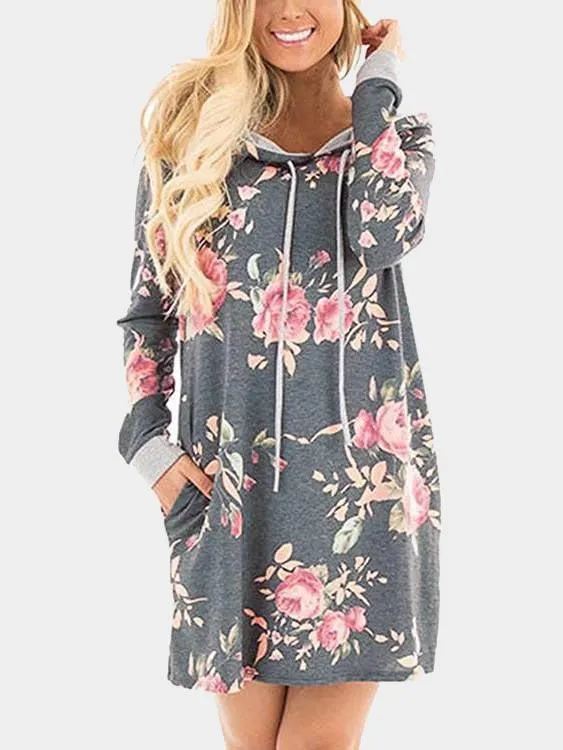 Wholesale Pullover Long Sleeve Floral Print Side Pockets Hooded Mini Dresses