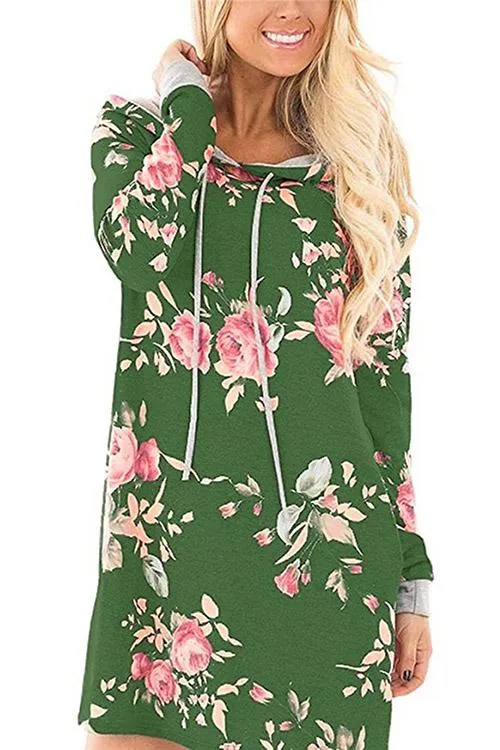 Wholesale Pullover Long Sleeve Floral Print Side Pockets Hooded Mini Dresses