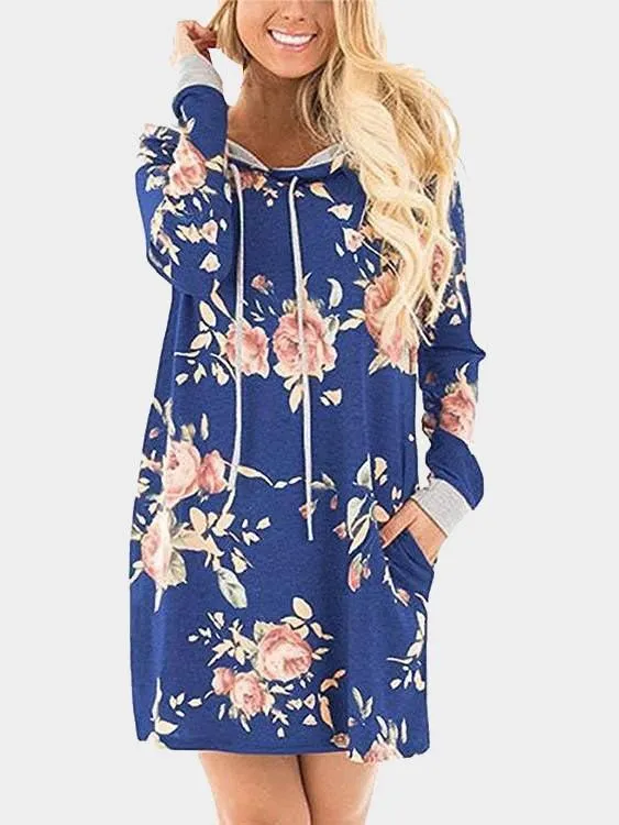 Wholesale Pullover Long Sleeve Floral Print Side Pockets Hooded Mini Dresses