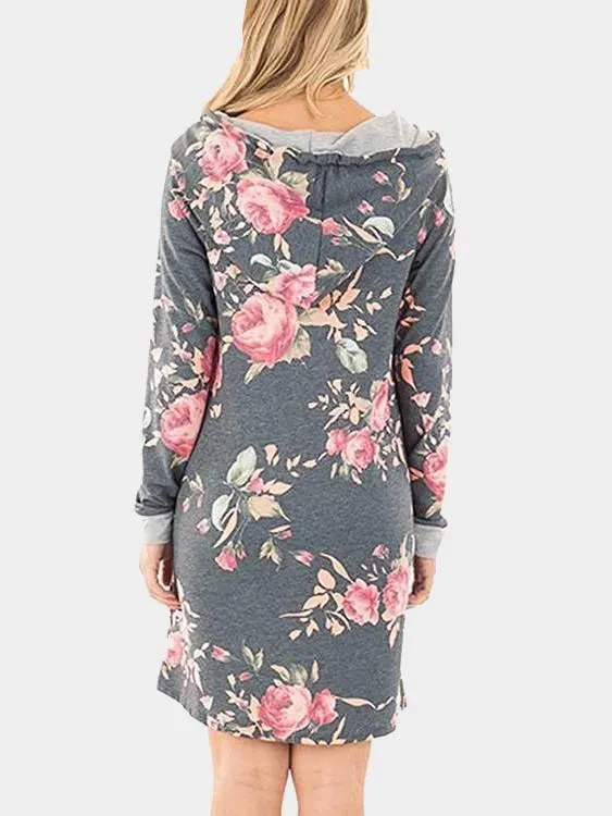 Wholesale Pullover Long Sleeve Floral Print Side Pockets Hooded Mini Dresses