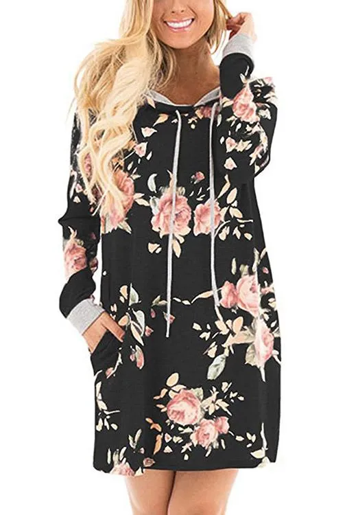 Wholesale Pullover Long Sleeve Floral Print Side Pockets Hooded Mini Dresses