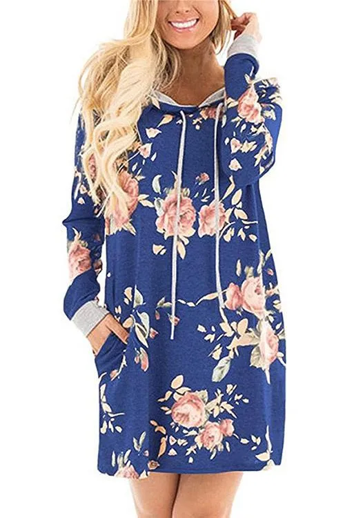 Wholesale Pullover Long Sleeve Floral Print Side Pockets Hooded Mini Dresses