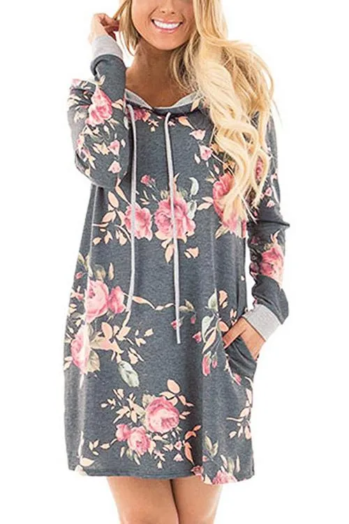 Wholesale Pullover Long Sleeve Floral Print Side Pockets Hooded Mini Dresses