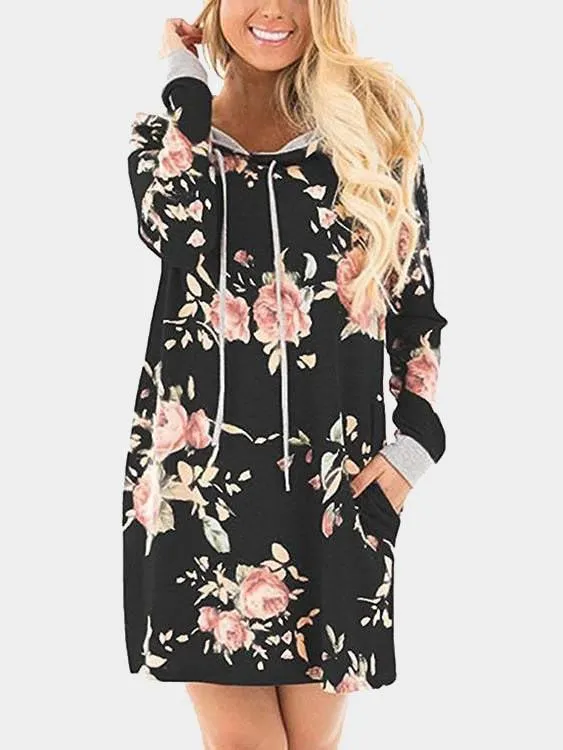 Wholesale Pullover Long Sleeve Floral Print Side Pockets Hooded Mini Dresses