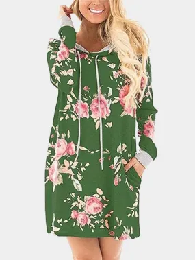 Wholesale Pullover Long Sleeve Floral Print Side Pockets Hooded Mini Dresses