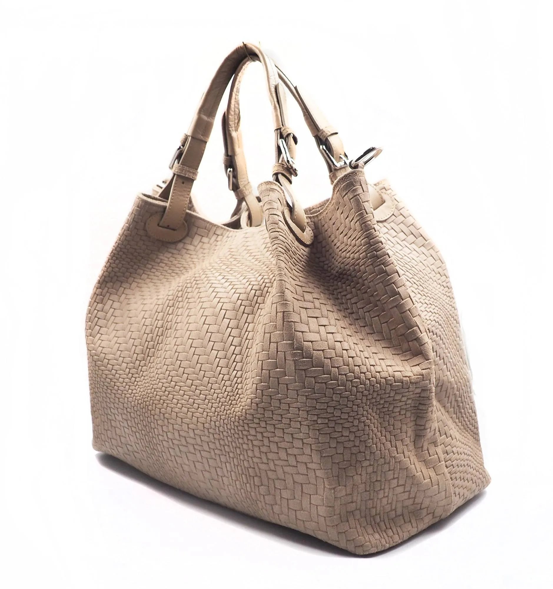 Woven Braided Pattern Beige Leather Large Handbag Handmade In Italy