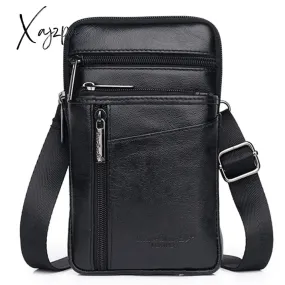 Xajzpa - Genuine Leather Men Mini Cross body Shoulder Fanny Bags Casual Hook Cell Mobile Phone Case Messenger Belt Bag Purse Waist Pack