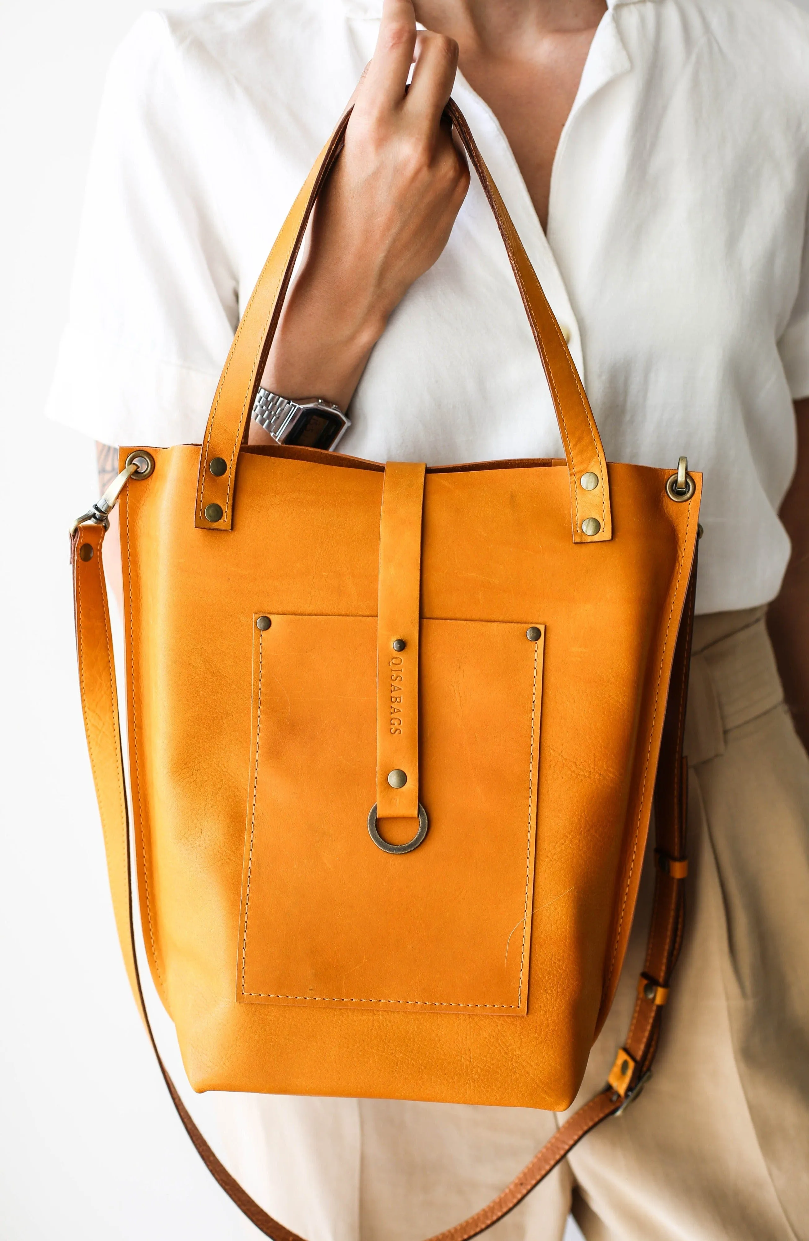 Yellow Leather Tote Bag