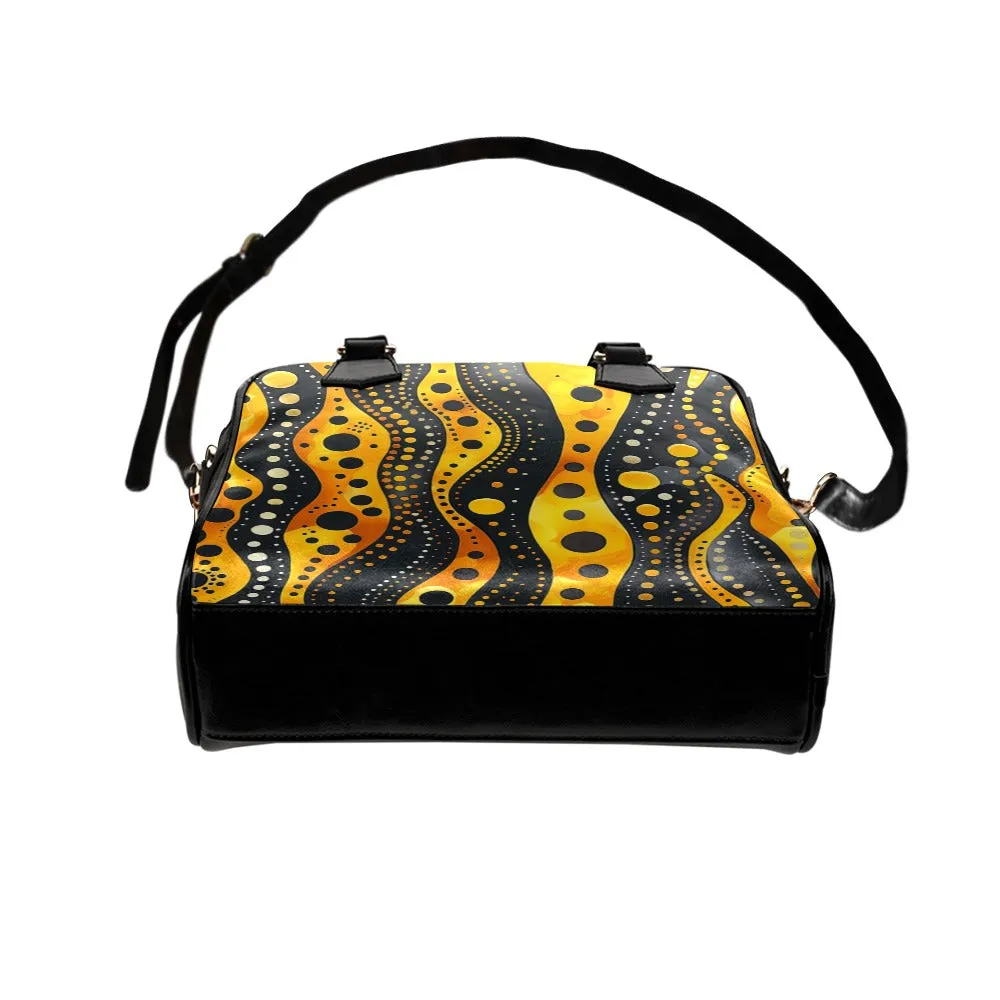 Yellow Stripes Purse, Dots Abstract Art Black Retro Cute Small Shoulder Zip Bag Vegan Leather Women Designer Handbag Crossbody Ladies