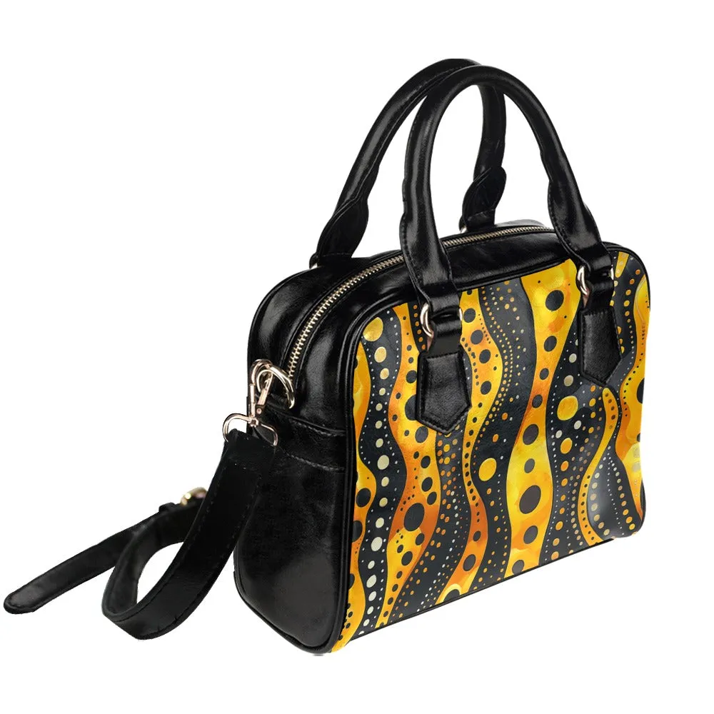 Yellow Stripes Purse, Dots Abstract Art Black Retro Cute Small Shoulder Zip Bag Vegan Leather Women Designer Handbag Crossbody Ladies