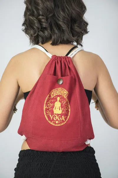 Yoga Stamp Drawstring Cotton Canvas Backpack in Red